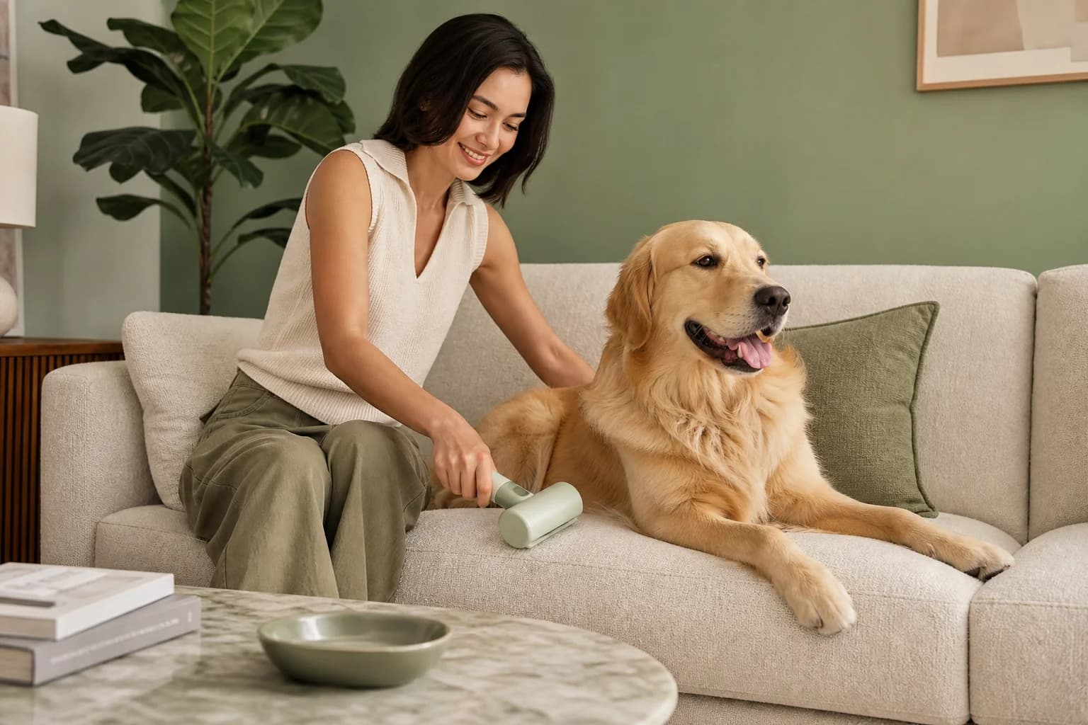 Pet owner cleaning a sofa with FurSweep